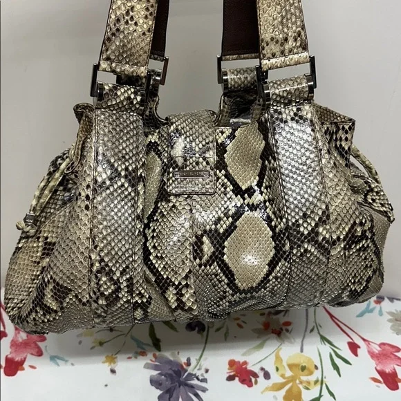 MICHAEL KORS Authentic Natural Brown Python Rehearsal Drawstring Shoulder Bag